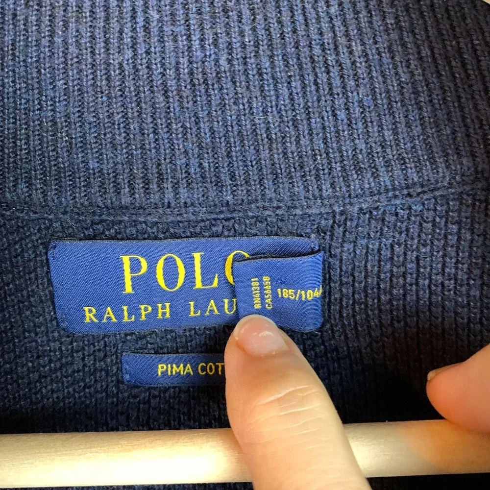 Polo Ralph Lauren Men XL 1/4‎ Zip Pullover Pima Cotton Waffle Knit Pony Blue